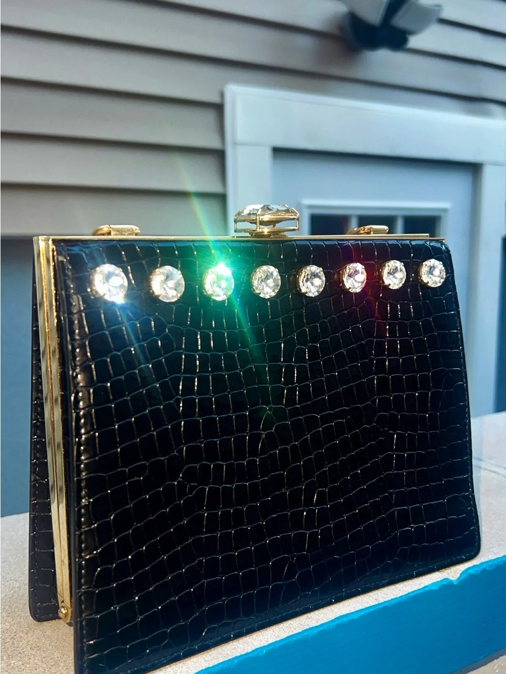 Miu Miu Calfskin Crocodile embossed Crystal-Embellished Bag (Clasp needs repair)